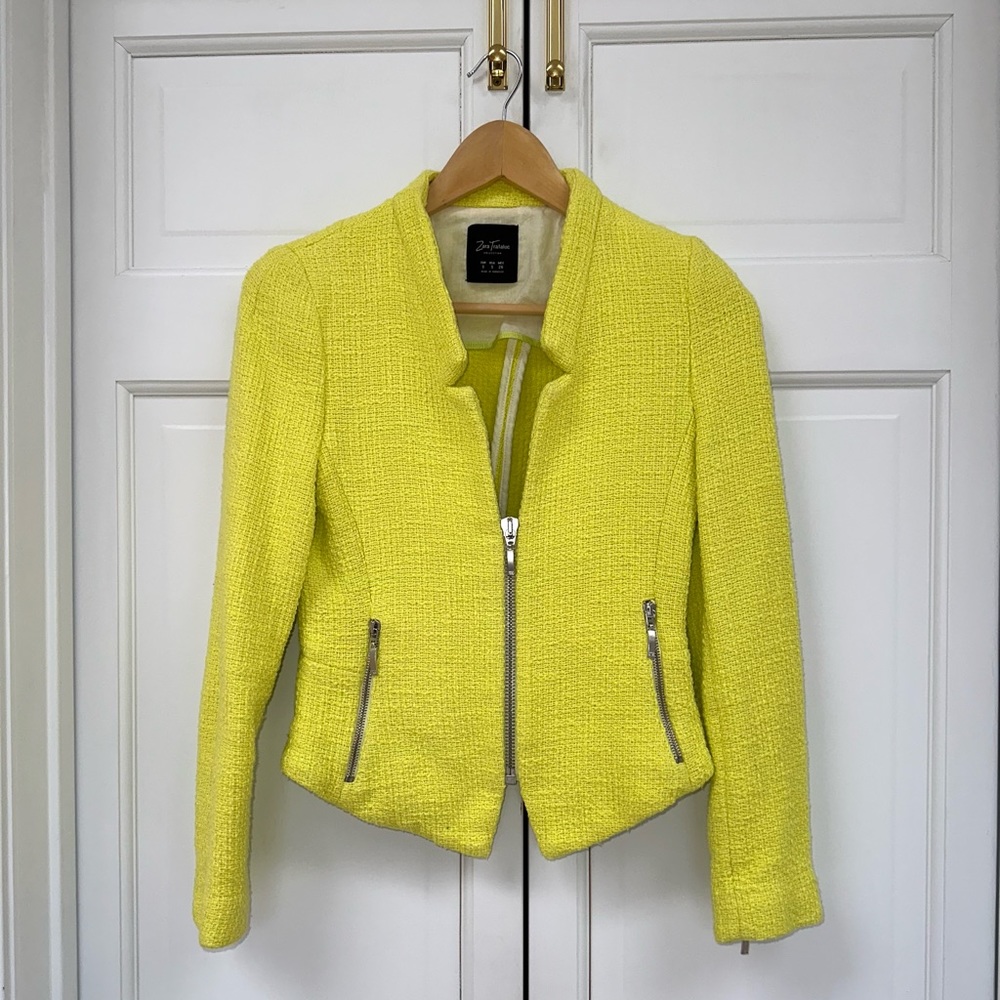 Zara Yellow Neon Tweed Zip Up Jacket